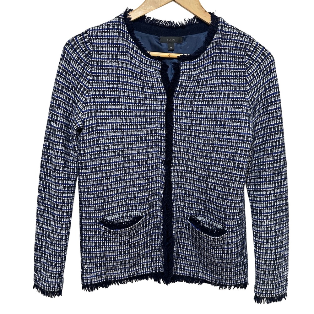 J. Crew Tweed Lady Jacket Wool Blend Womens XS Blue Preppy Classic Fringe Chic